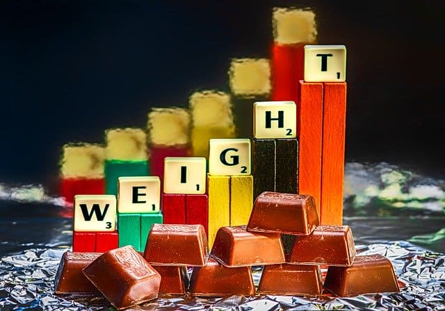 tabliczki czekolady i słupki pokazujące wzrost wagi